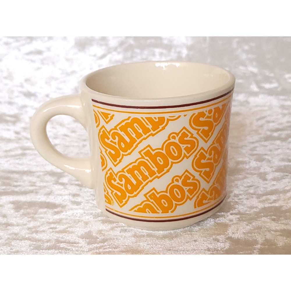 Vtg Sambo's Restaurant Ware Coffee Mug Orange Logo Repeating Pattern Diner Cup